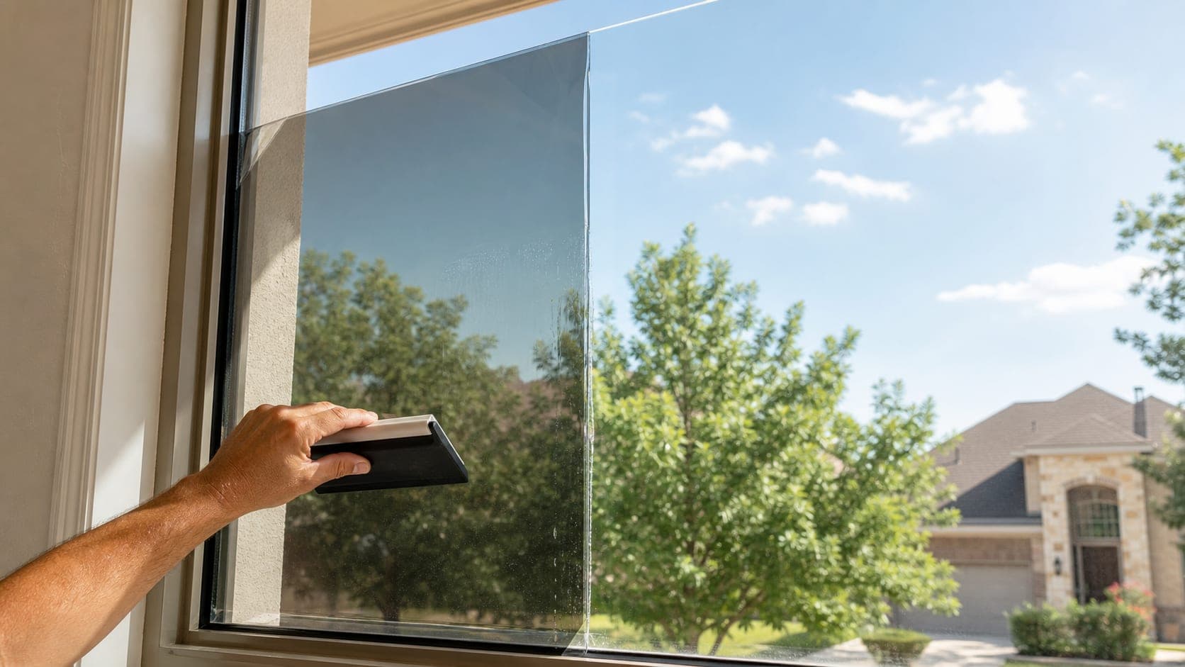 A person applying reflective heat-control film to a home window to reduce solar heat gain.