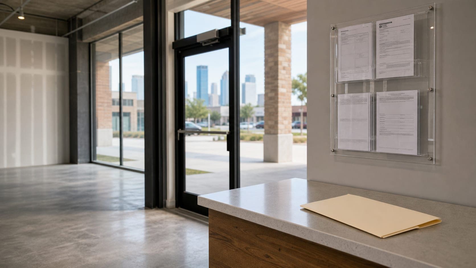 Commercial lease space entrance with occupancy paperwork and permit folder.
