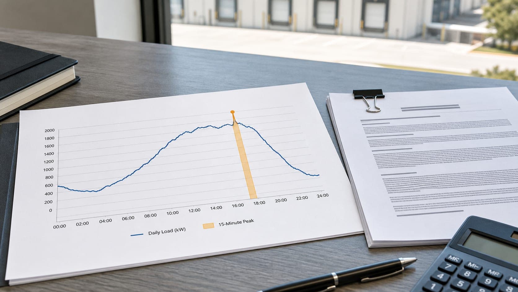 Commercial load profile with a highlighted peak demand interval and contract excerpt.