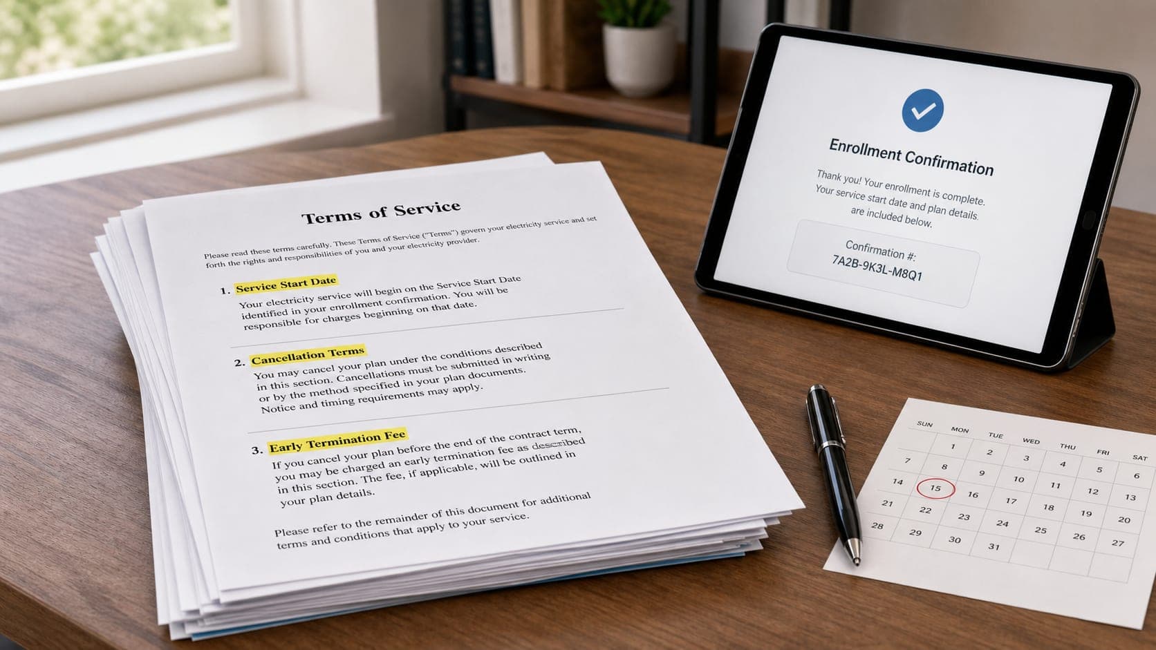 Generic Texas electricity contract documents showing where cancellation terms may appear.