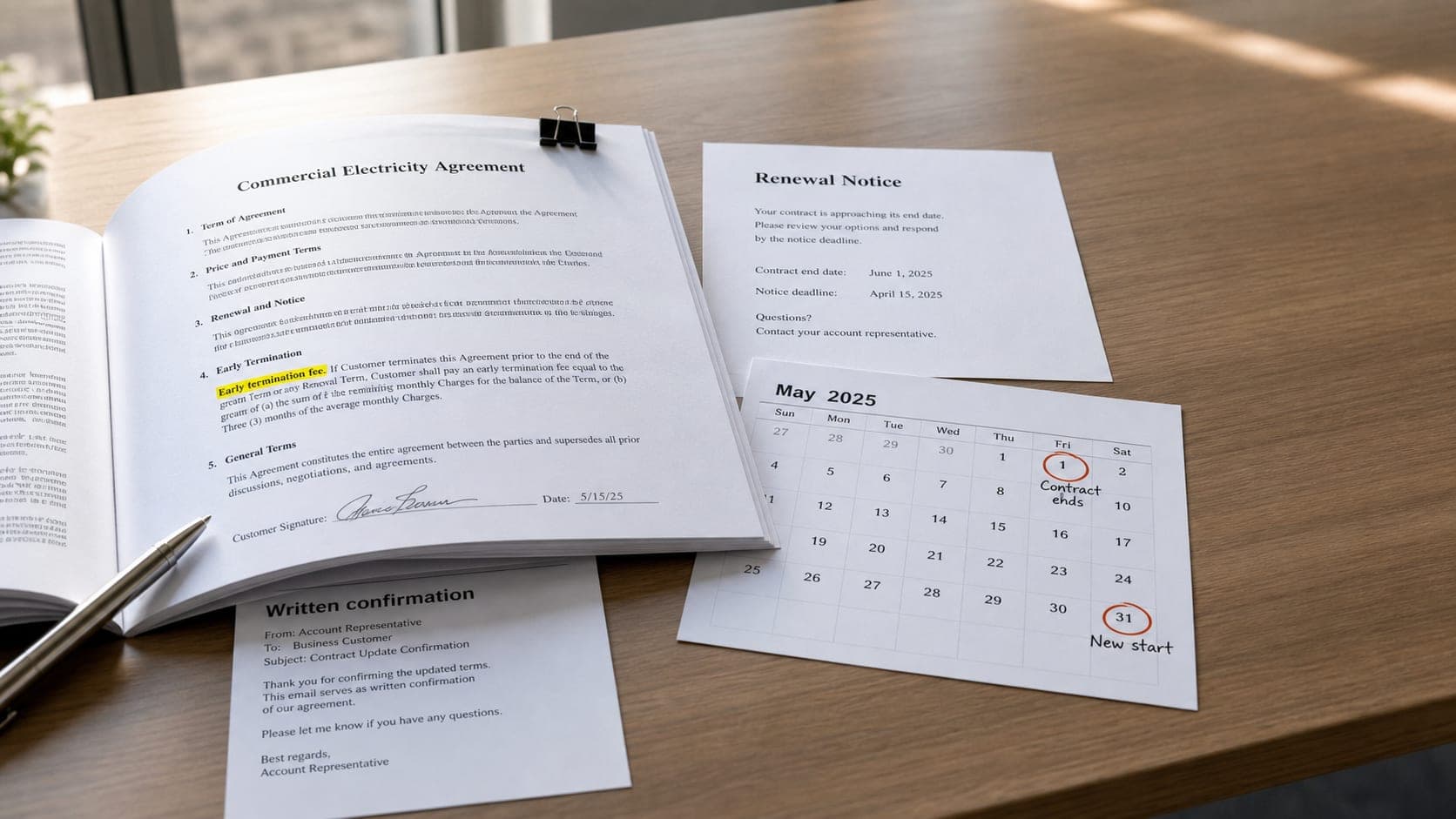 Commercial electricity contract with end date and early termination fee language highlighted