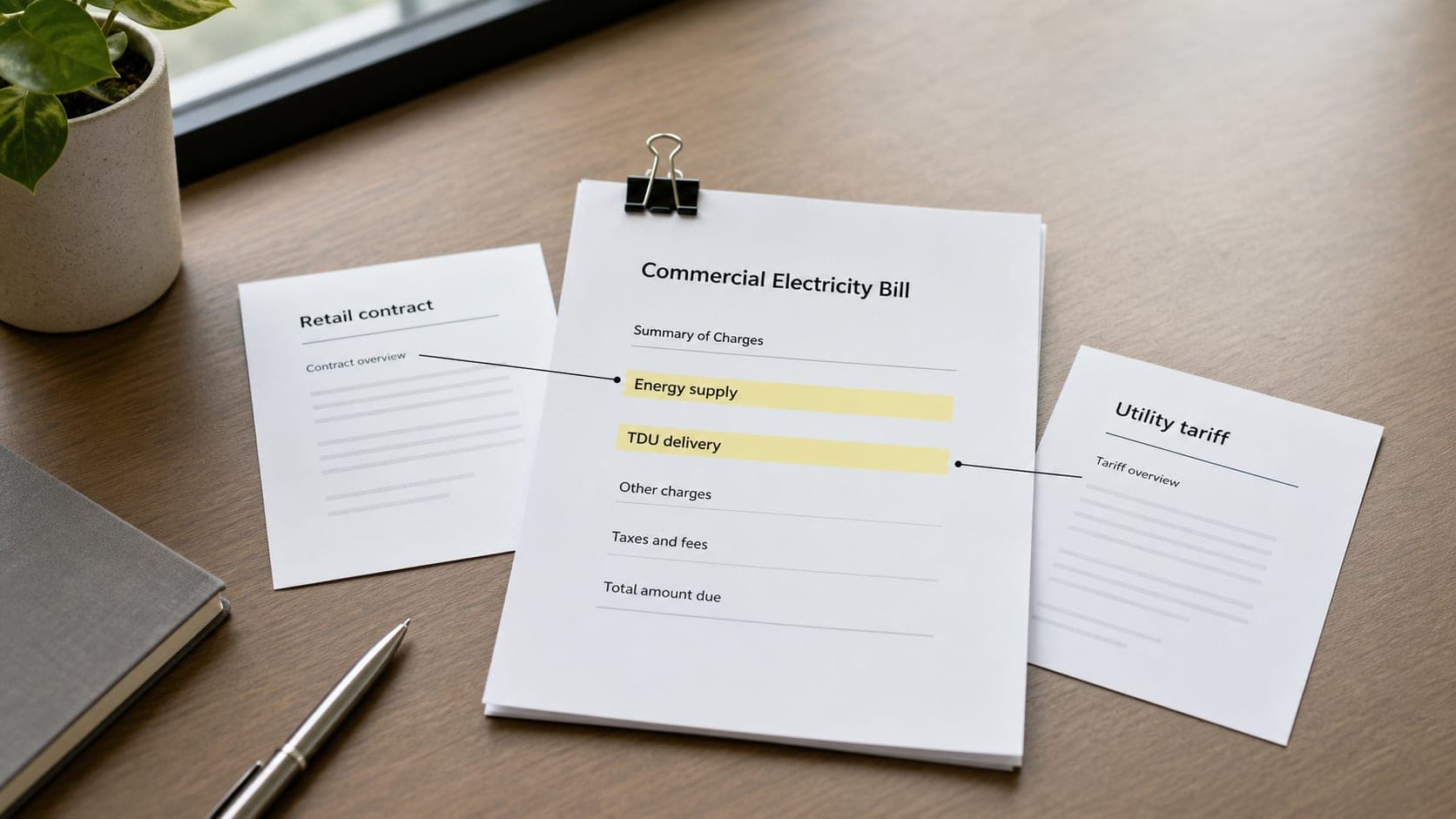 Business electricity documents showing energy supply charges and regulated TDU delivery charges