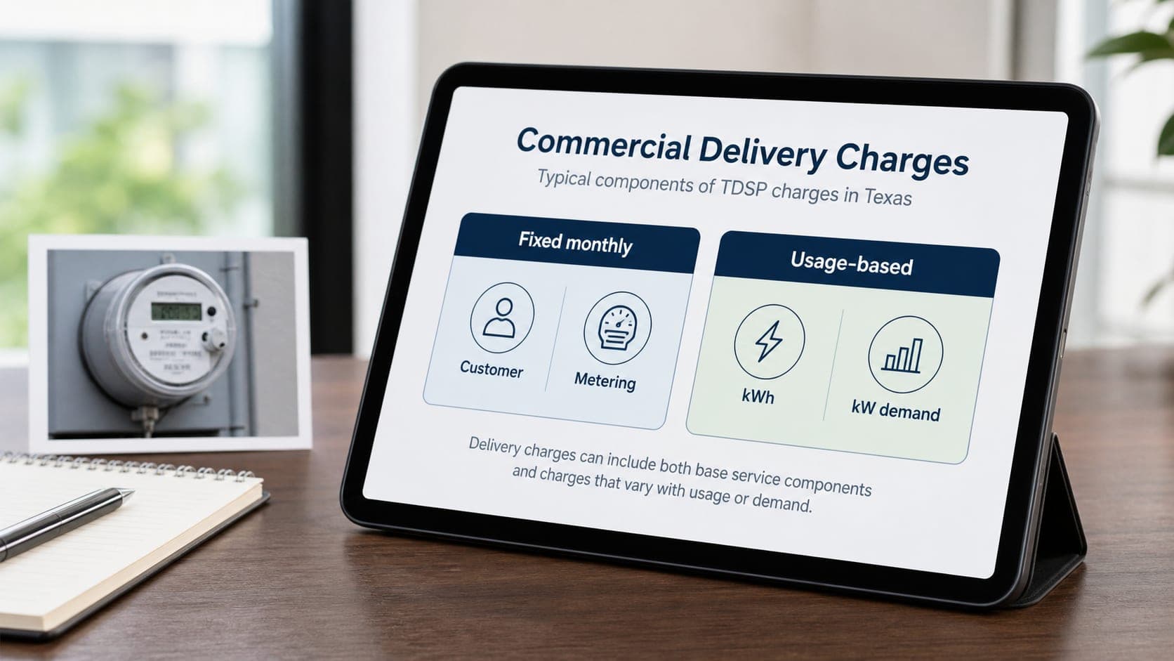 Simplified delivery charge breakdown showing fixed monthly and usage-based components.