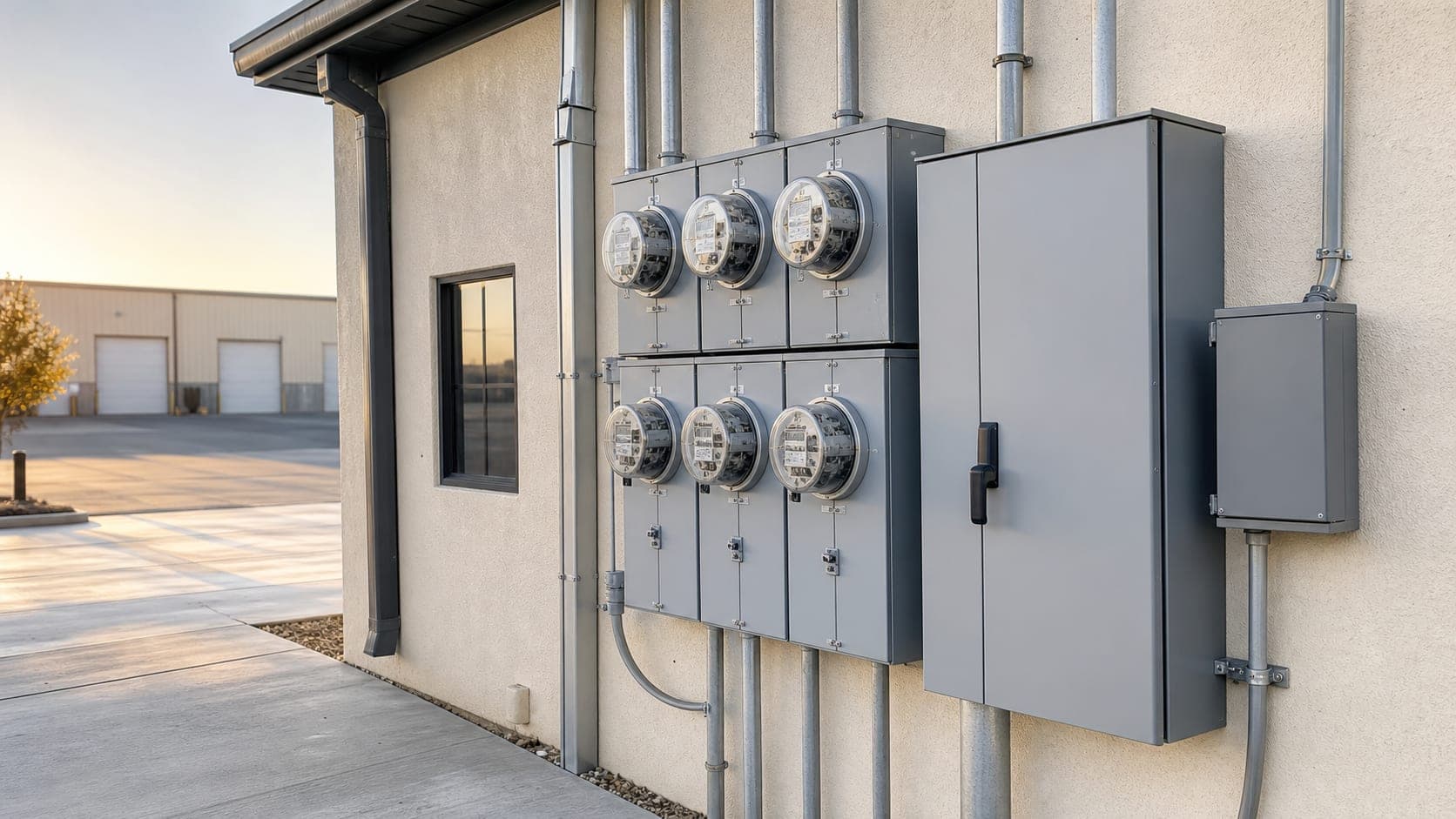 Commercial electric meter bank labeled with service class, kWh, and kW concepts.