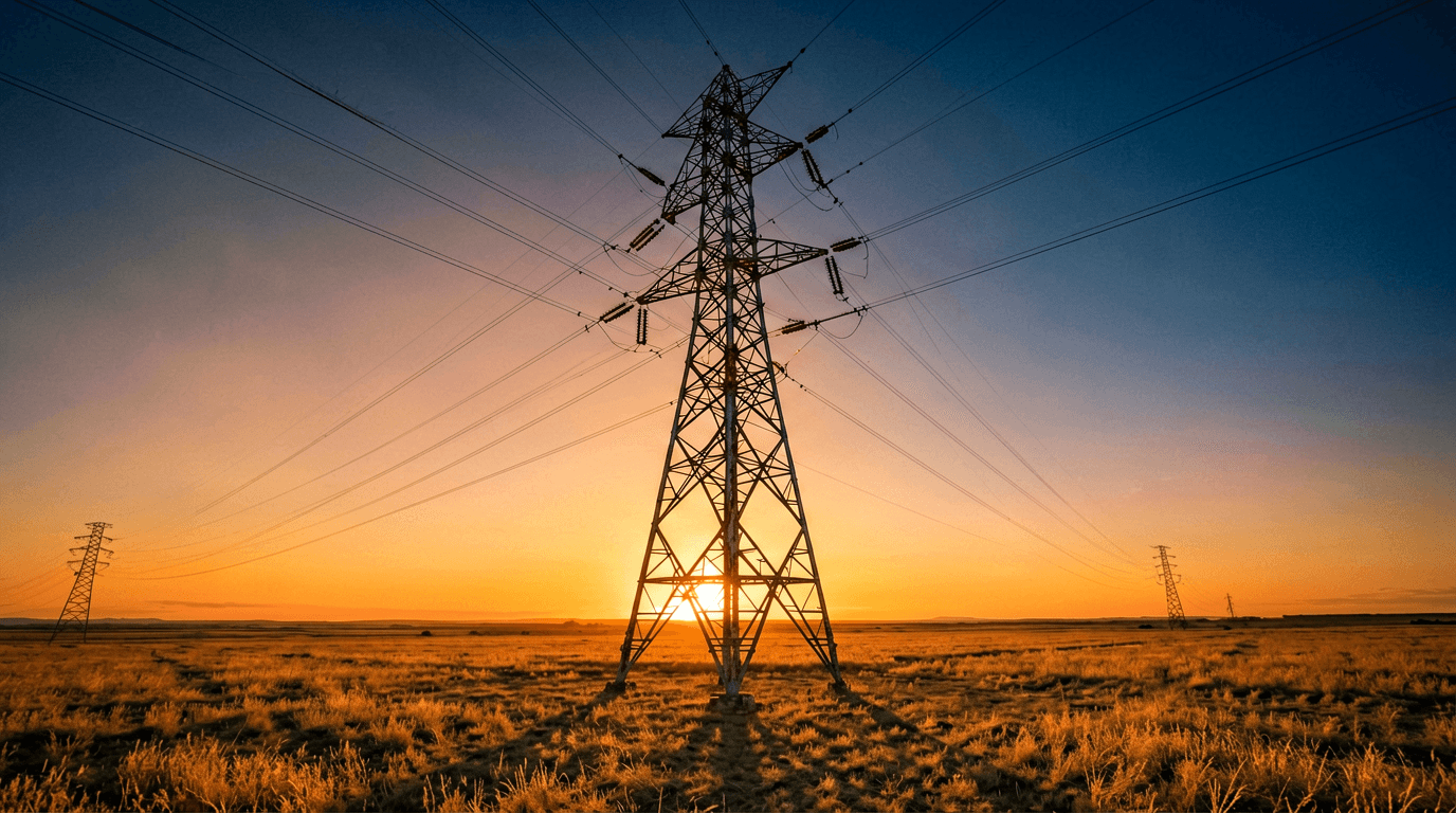 High-voltage transmission towers crossing open Texas prairie at sunrise