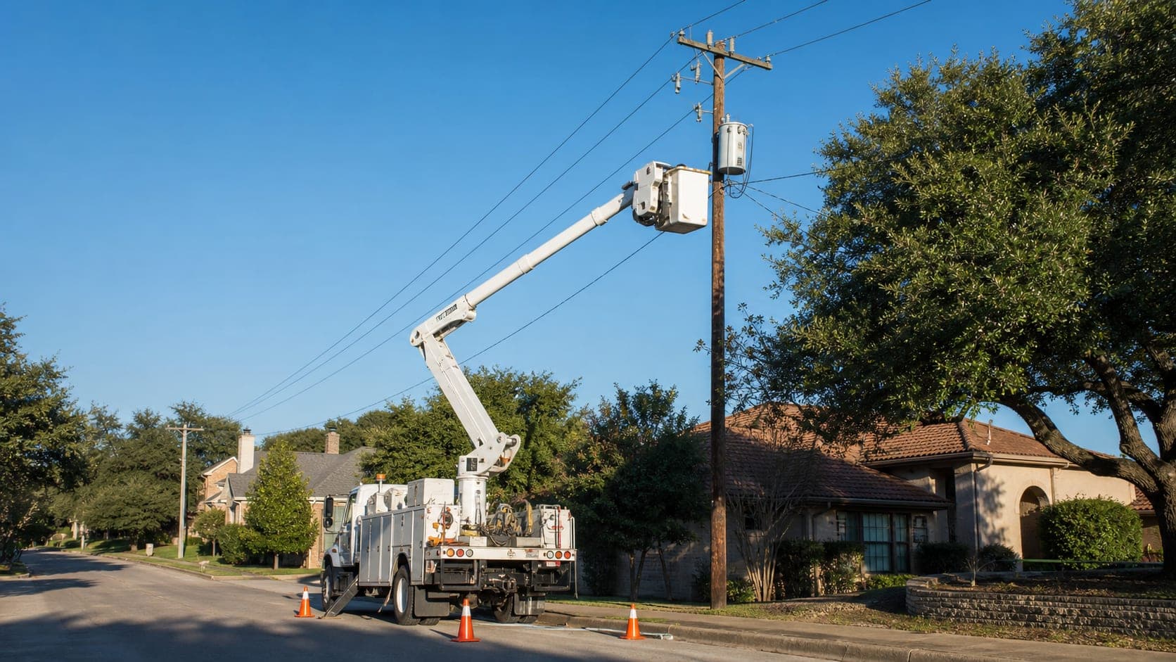 Unbranded utility bucket truck near local delivery equipment on a Texas residential street.