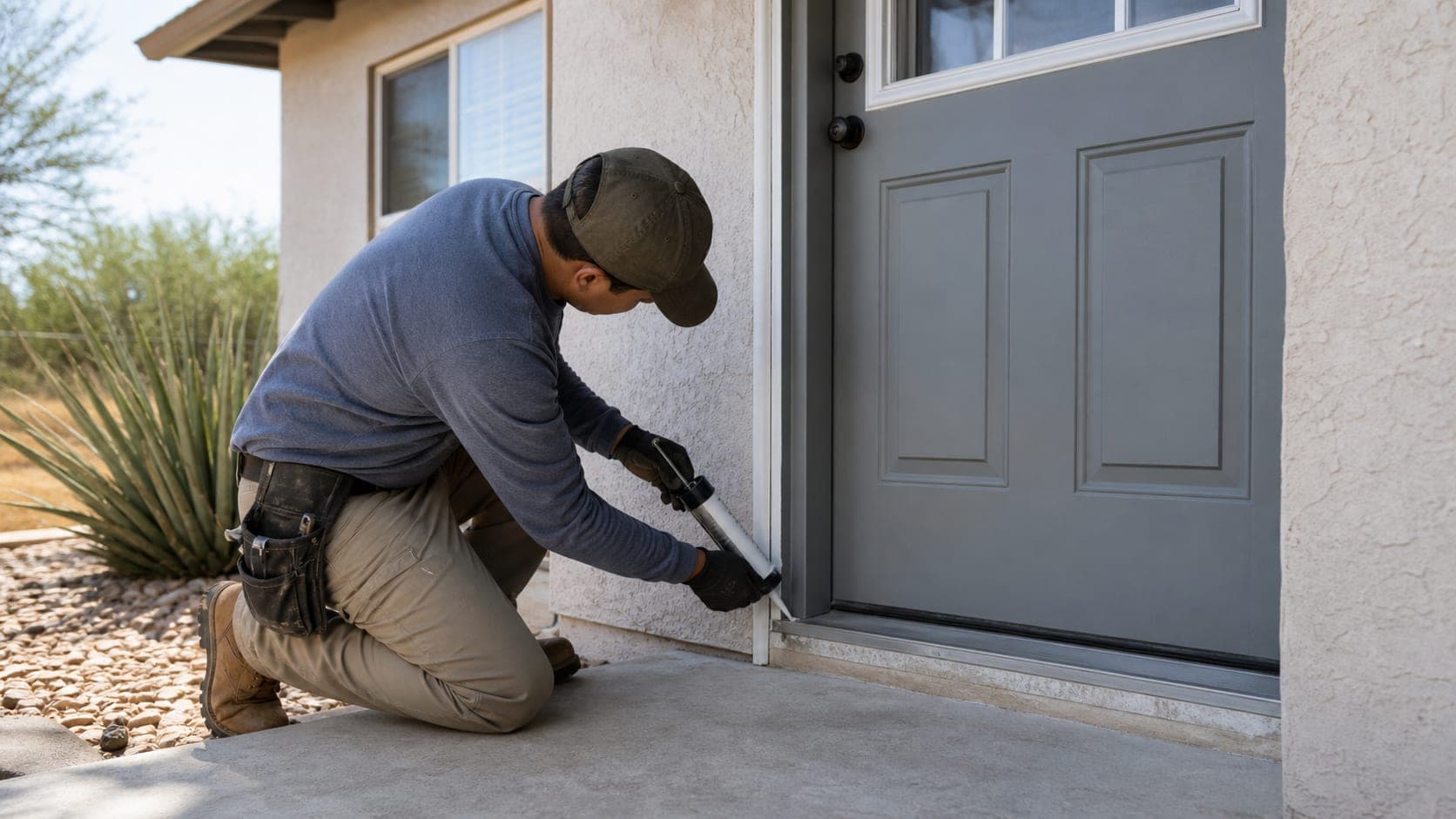 Weatherization work sealing a home exterior door to improve energy efficiency
