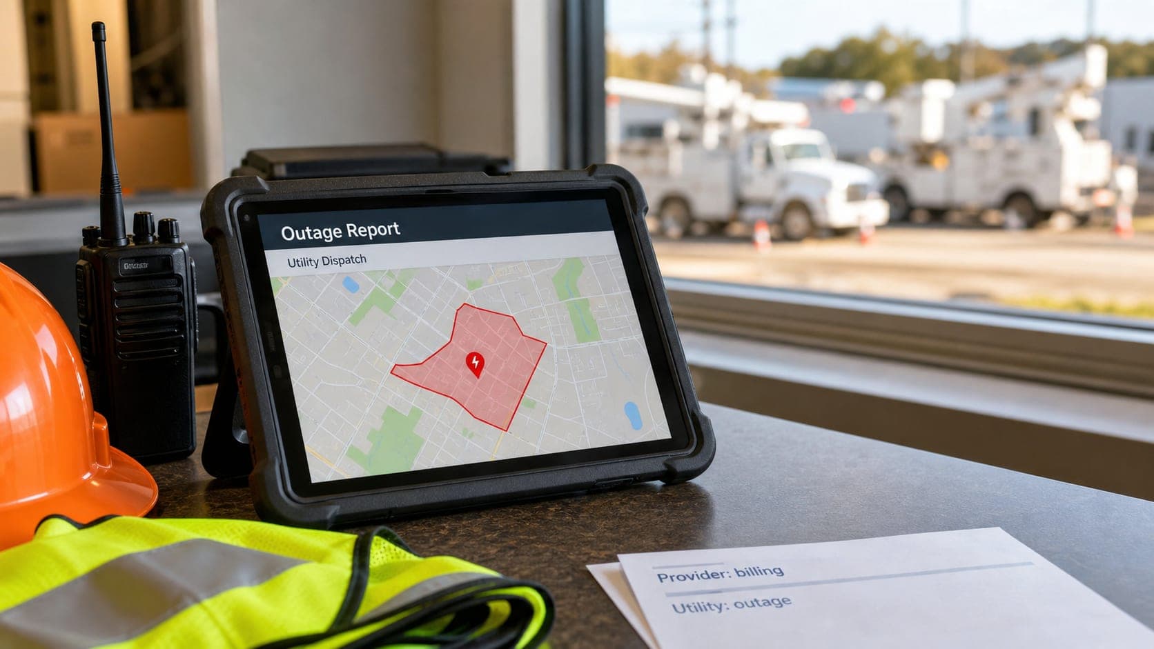 Utility outage response workspace with a generic outage map for a Texas neighborhood.