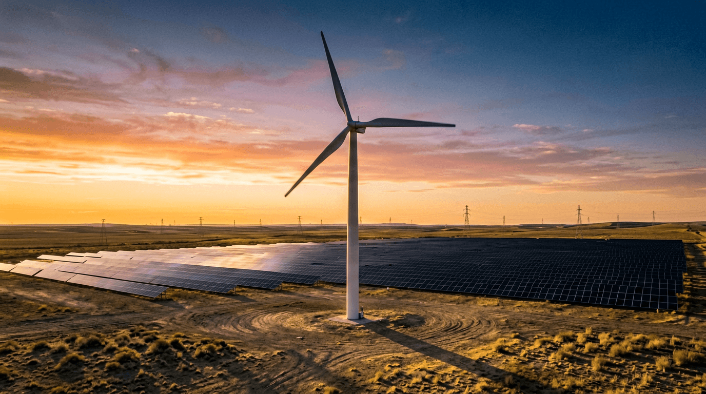 Texas energy infrastructure with wind turbines, solar panels, and transmission lines