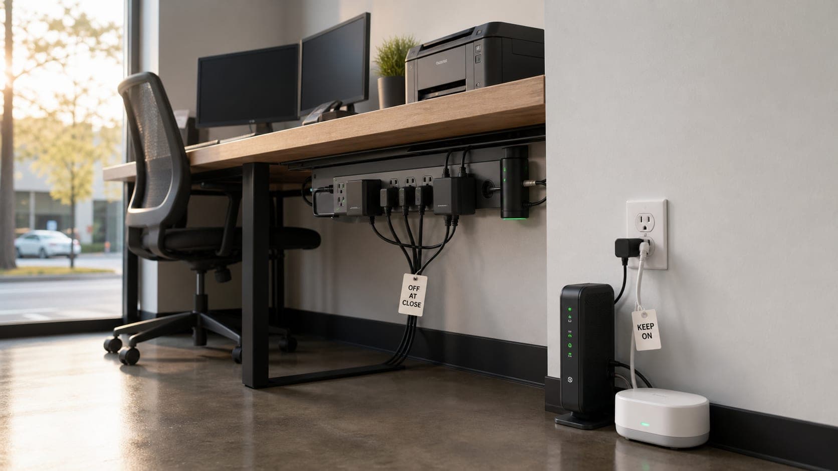 Small office at closing with smart power strip managing noncritical plug loads