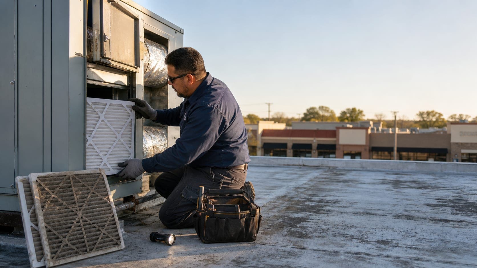Technician replacing an HVAC filter on a rooftop unit above a small business