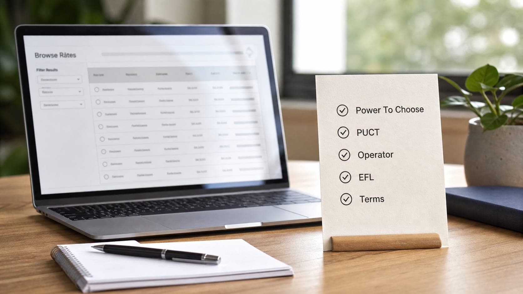 Official-source checklist beside an unbranded Texas electricity rate listing mockup.