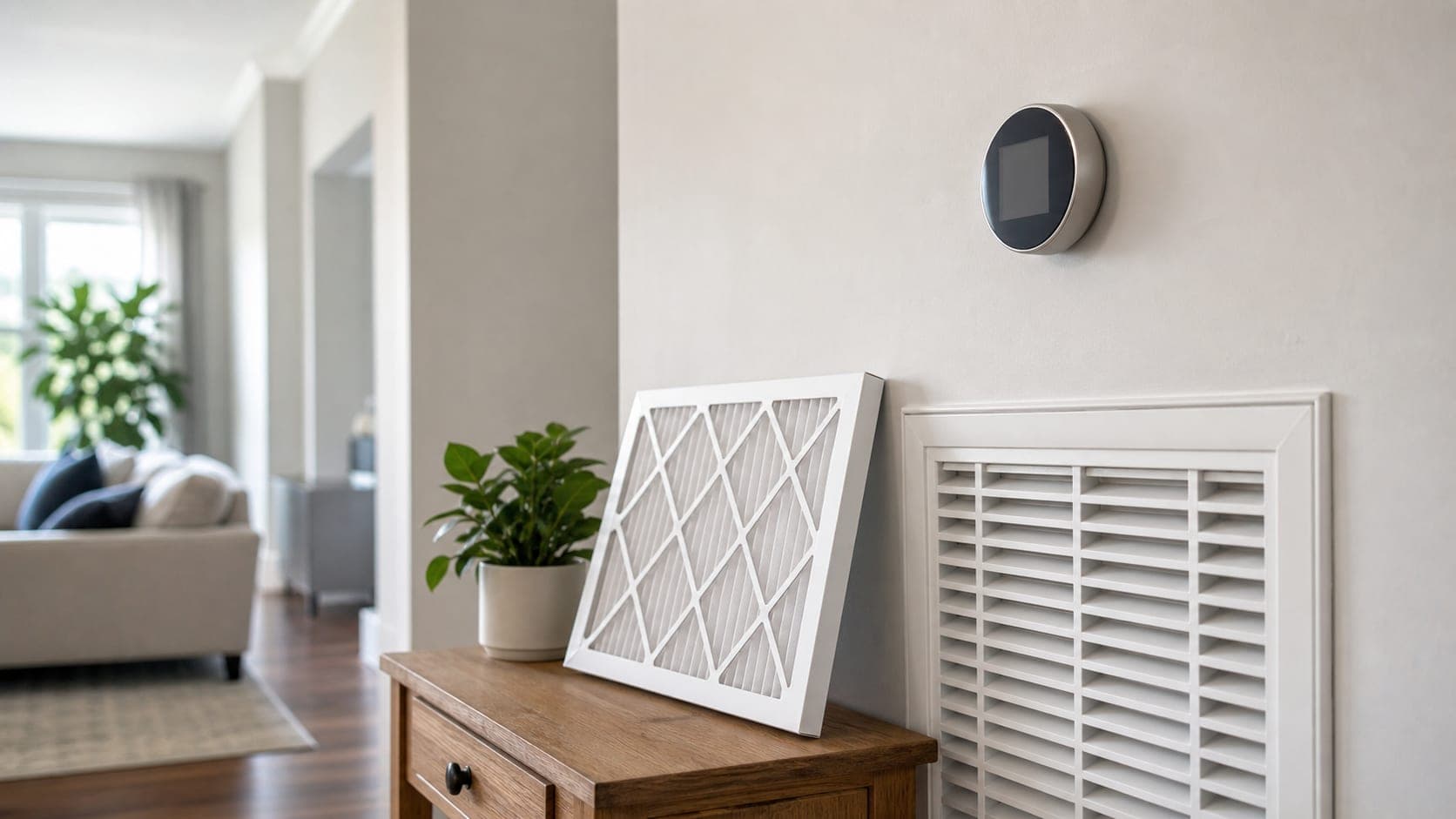 Thermostat, air vent, and clean HVAC filter in a home