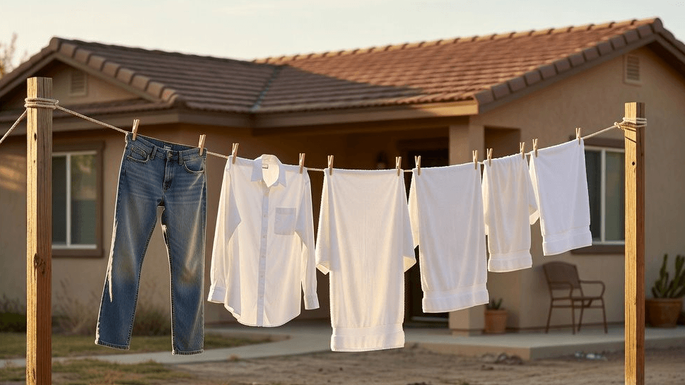 Laundry drying outside in a Texas backyard instead of using an electric dryer.