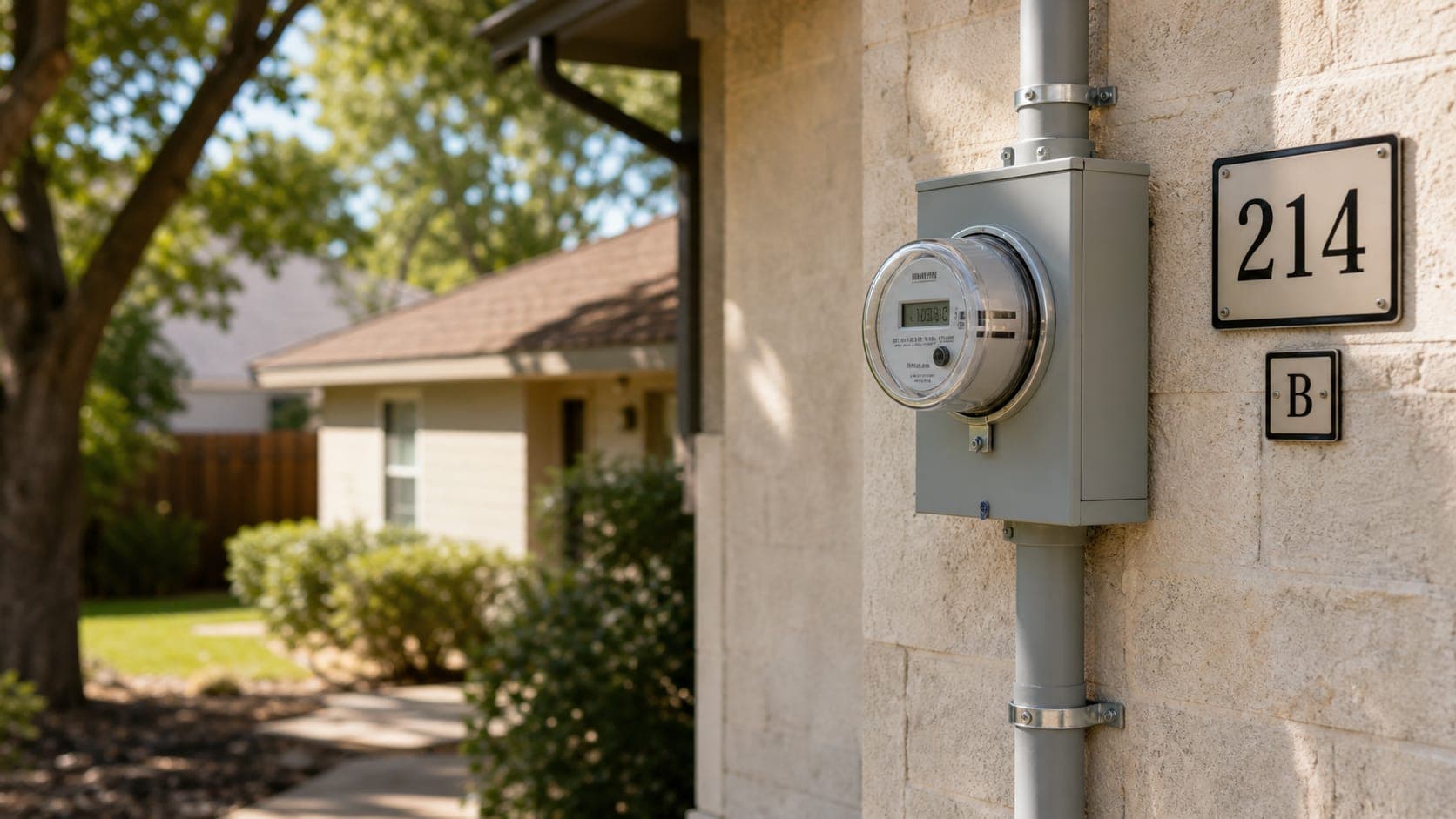 Residential electric meter on a Texas home showing the address-specific equipment used for electricity service.