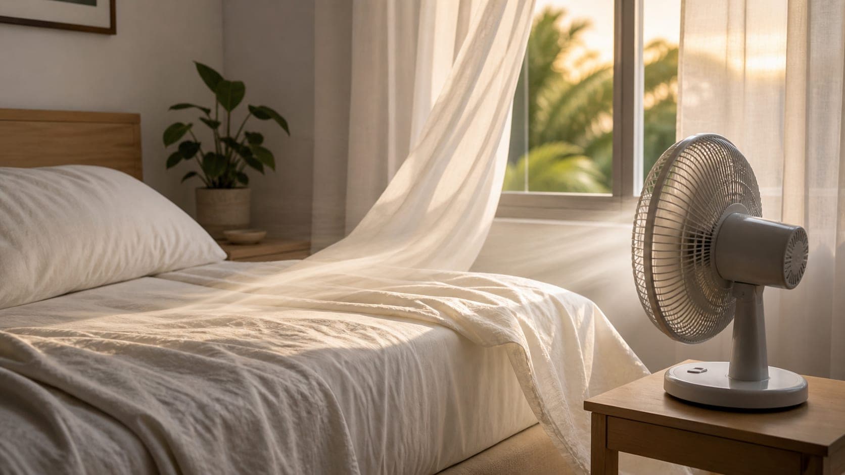 Fan aimed across a bed to move air where a sleeper needs it.