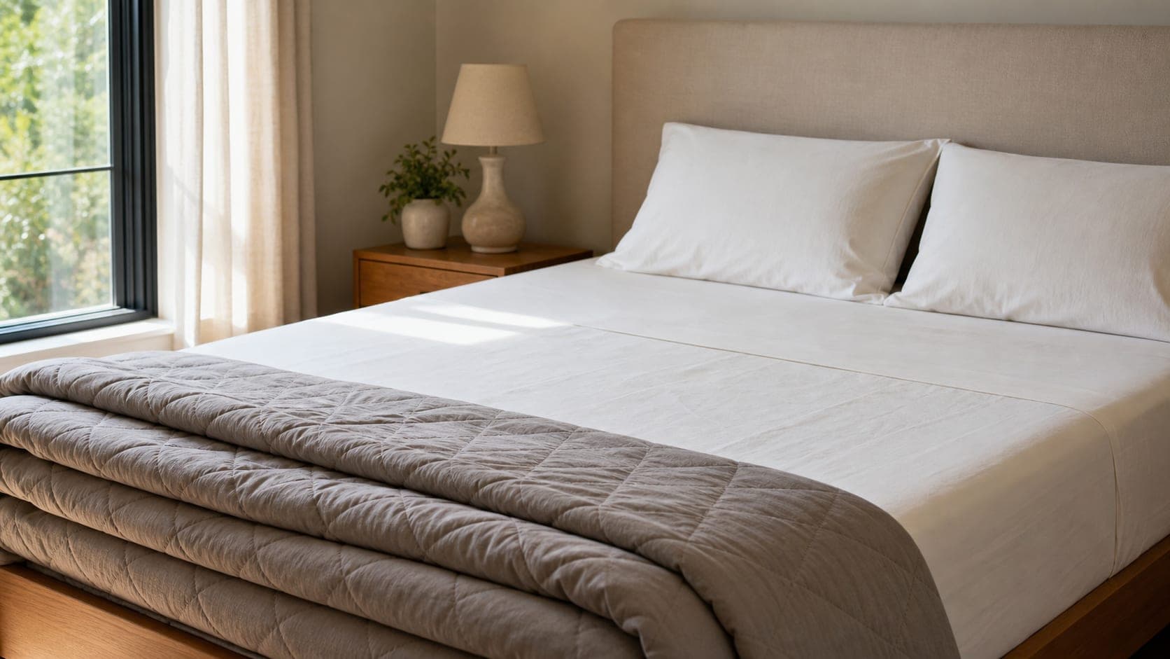 Light bedding layers with a heavy comforter folded away.