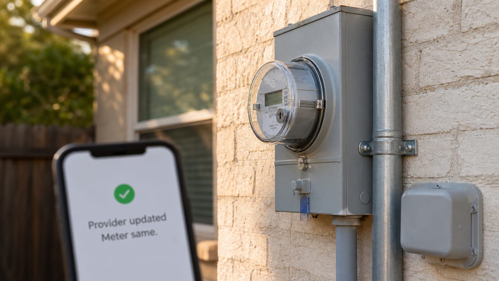 Electric meter and service conduit that remain in place after a provider switch.