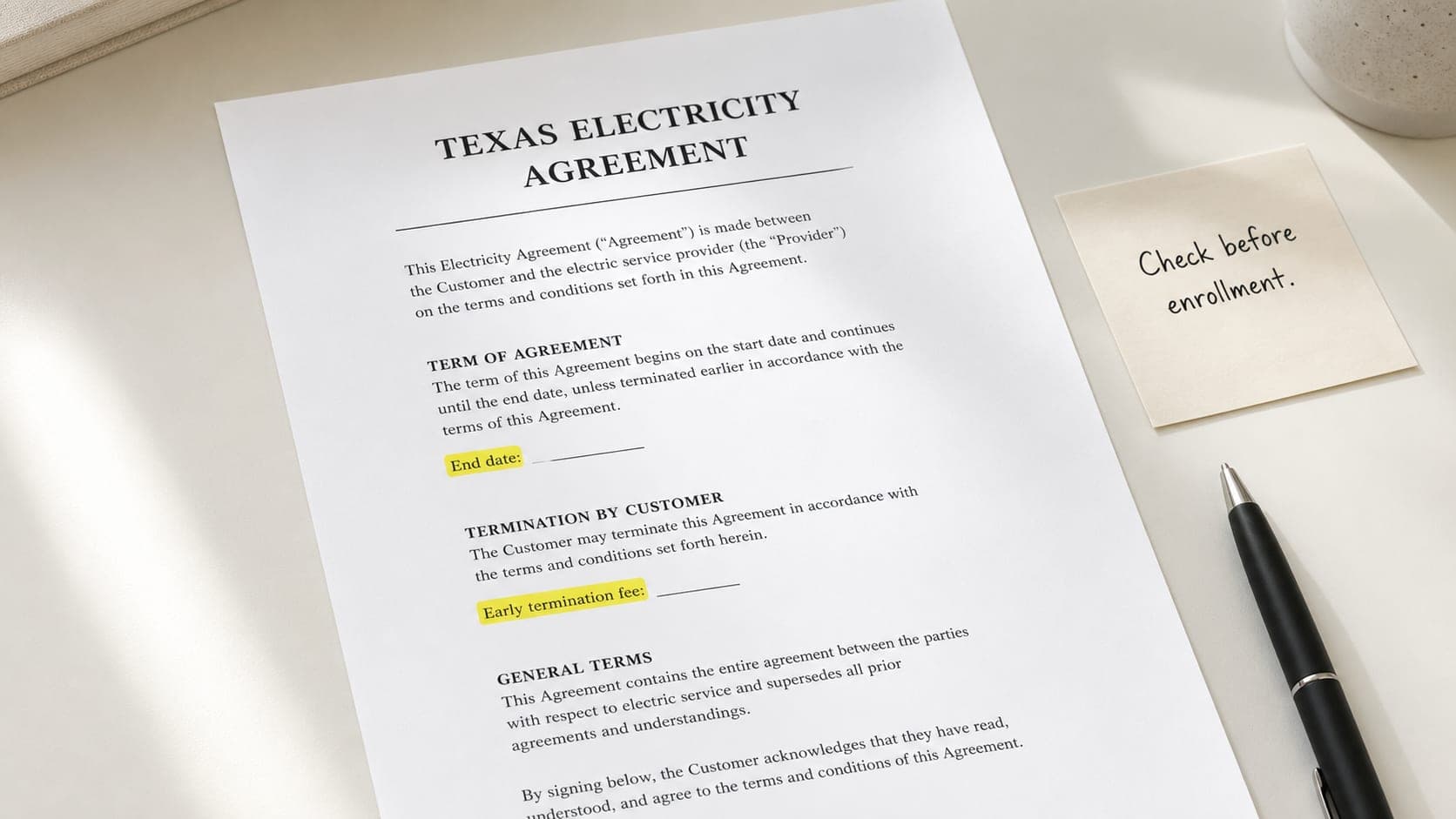 Generic electricity agreement highlighting the end date and early termination fee.