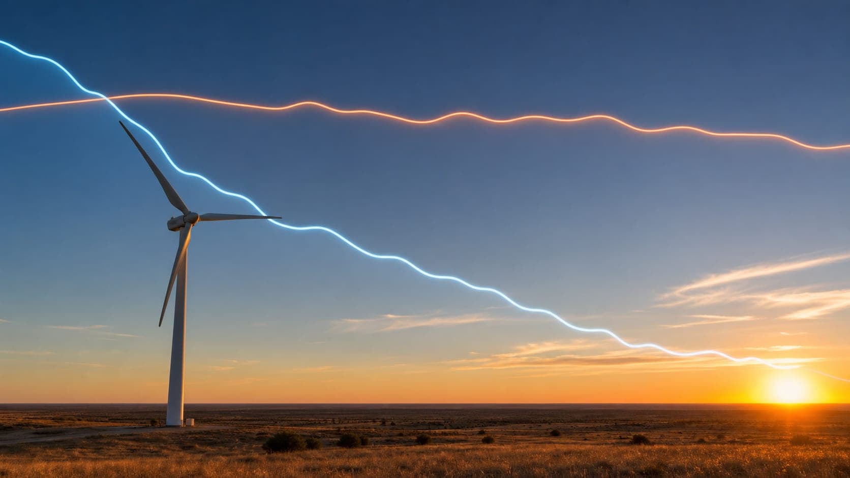 Illustration of a wind turbine during a summer evening lull when energy demand remains high.