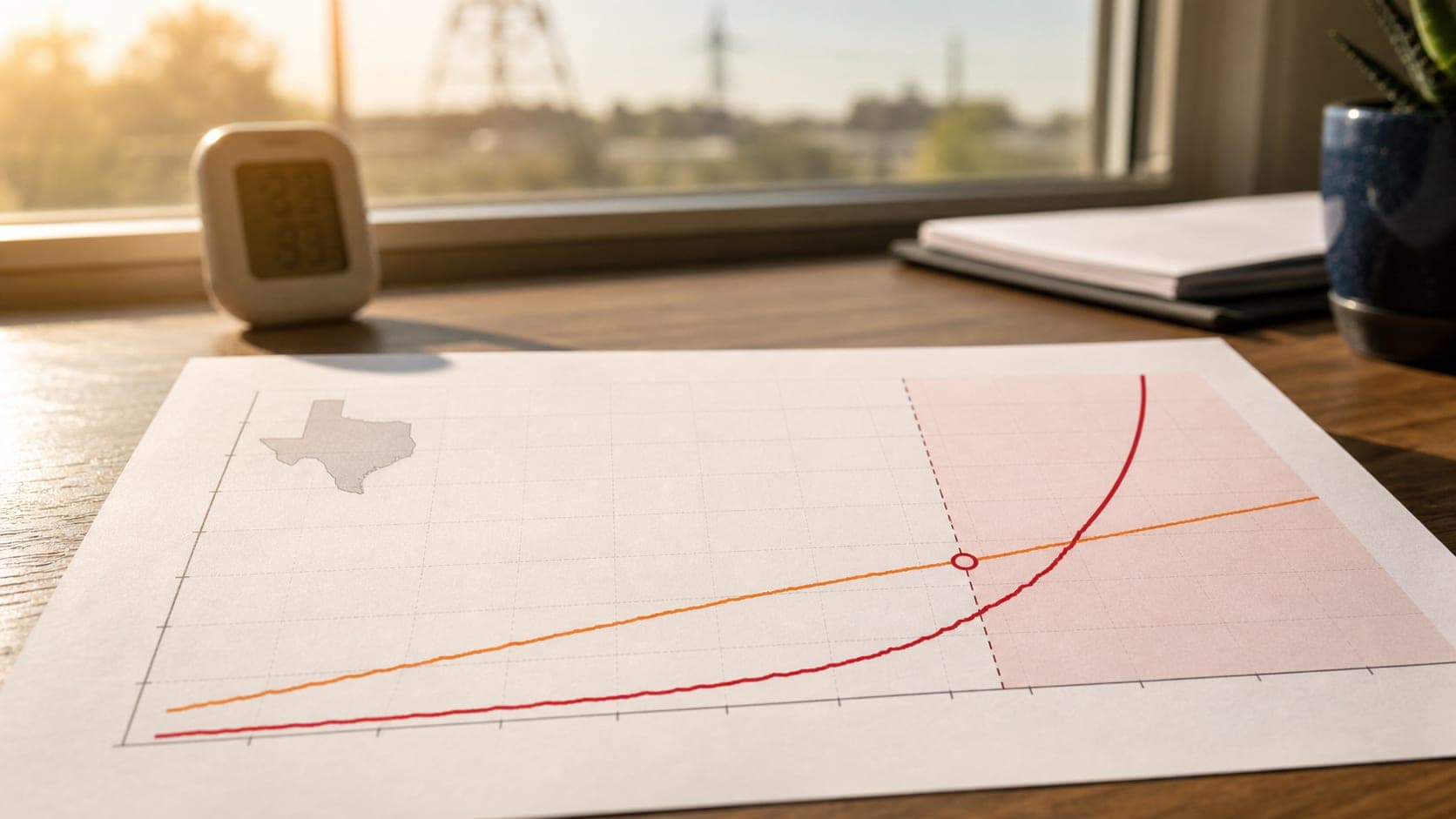 Graph showing the correlation between rising Texas summer temperatures and wholesale electricity price spikes.