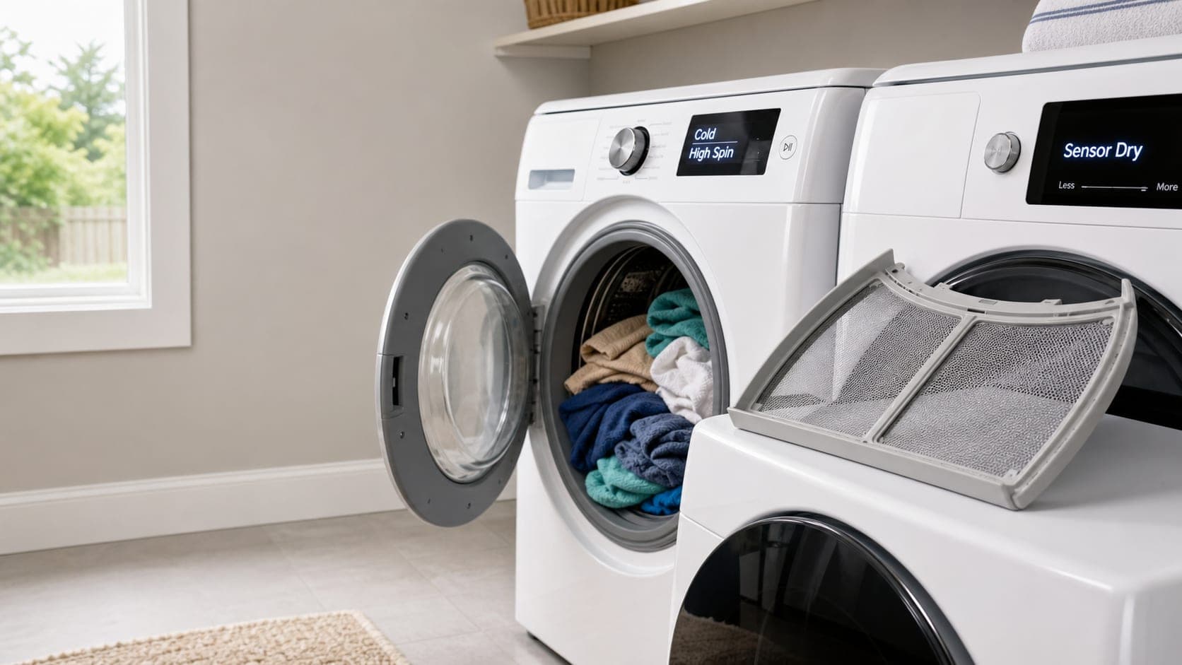 Clean dryer lint filter next to a laundry load for lower electricity waste.