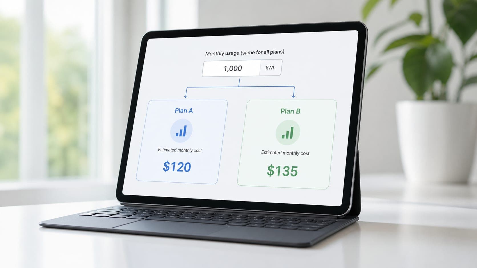 Unbranded comparison mockup showing one kWh input applied to two electricity options