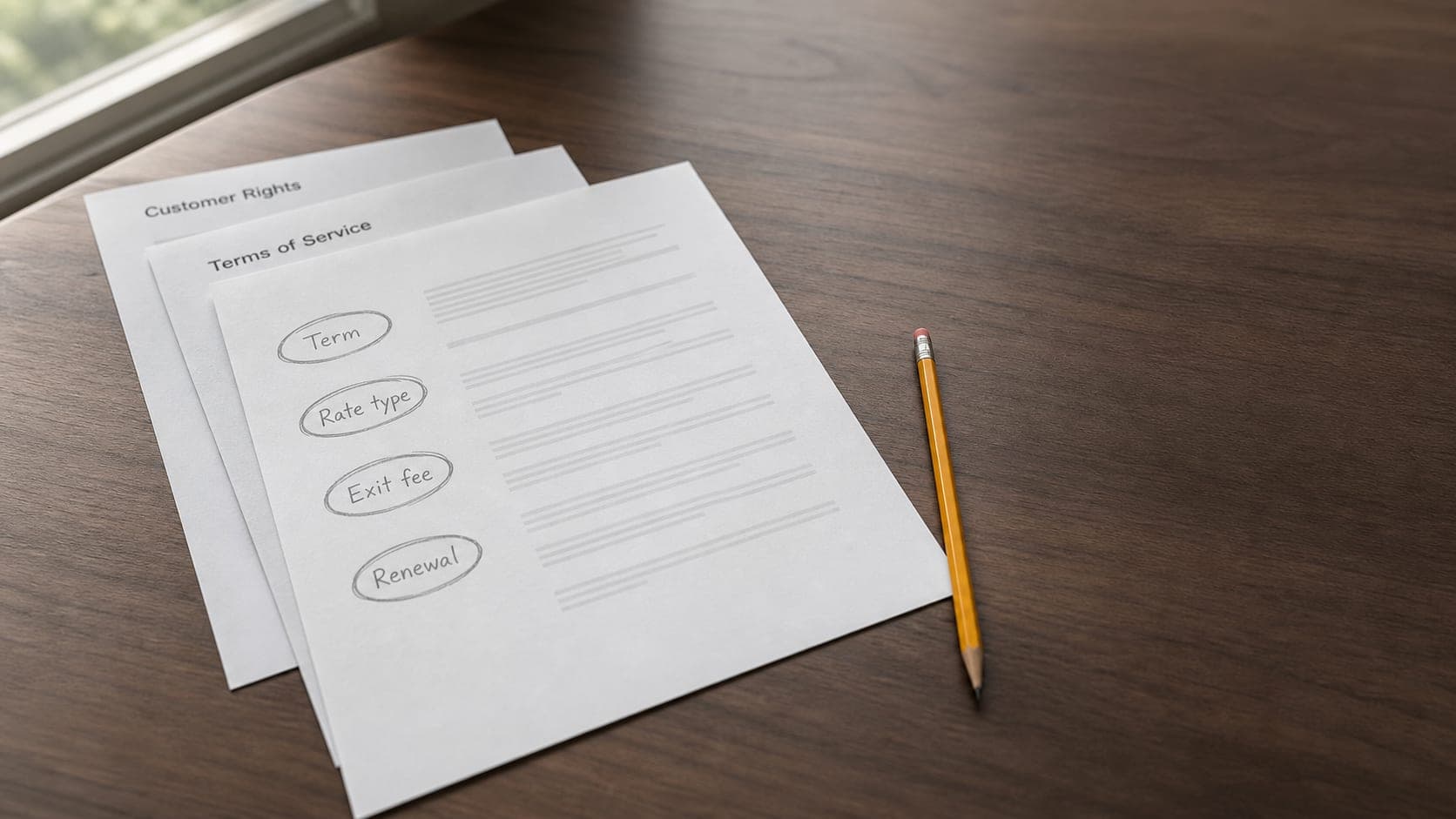 Electricity plan documents showing contract length and fee details.