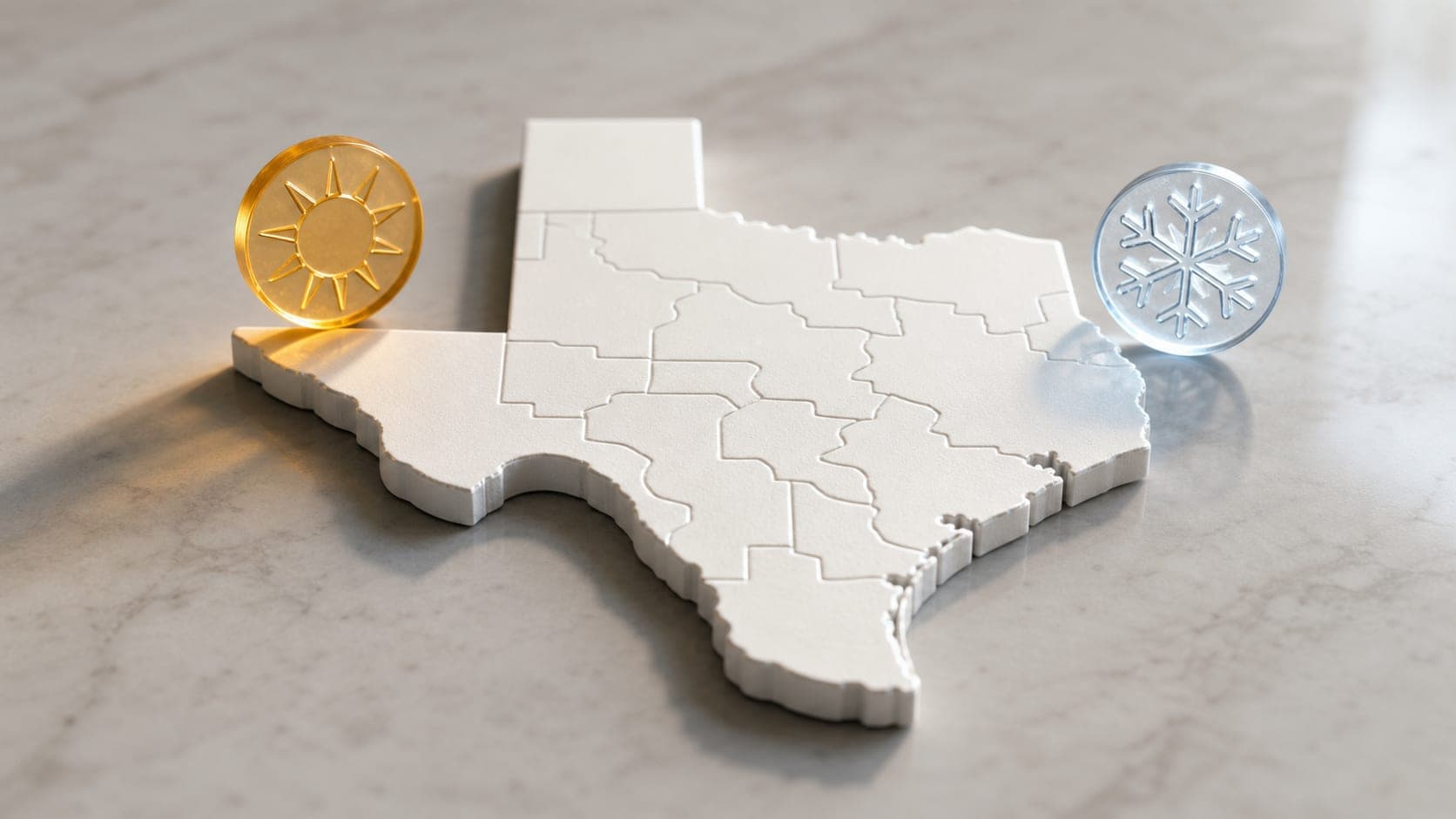A stylized map of Texas divided into utility service territories (TDUs) with overlay icons for extreme heat (sun) and extreme cold (snowflake) to visualize the weather moratorium rule.