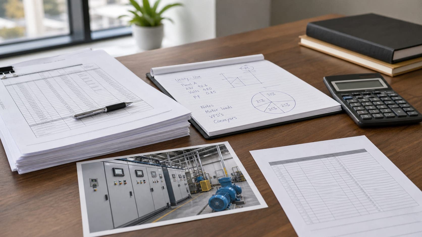 Documents and equipment notes prepared for a Texas manufacturing utility-use exemption review.