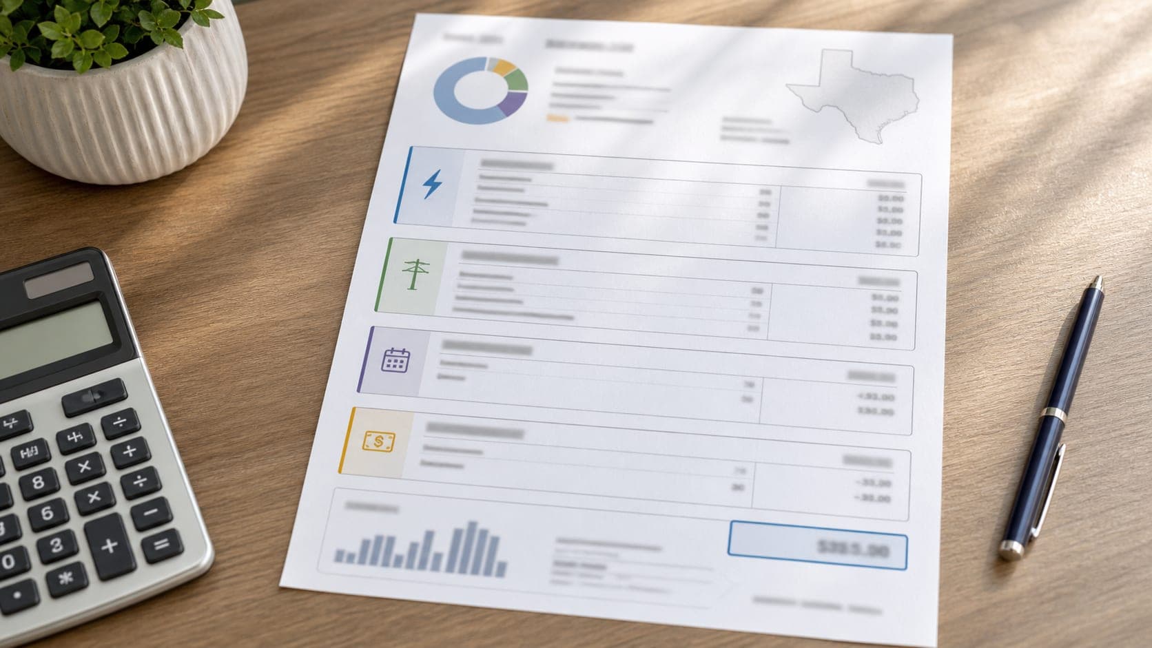 Texas electricity bill breakdown showing energy charges, delivery charges, fees, and credits.
