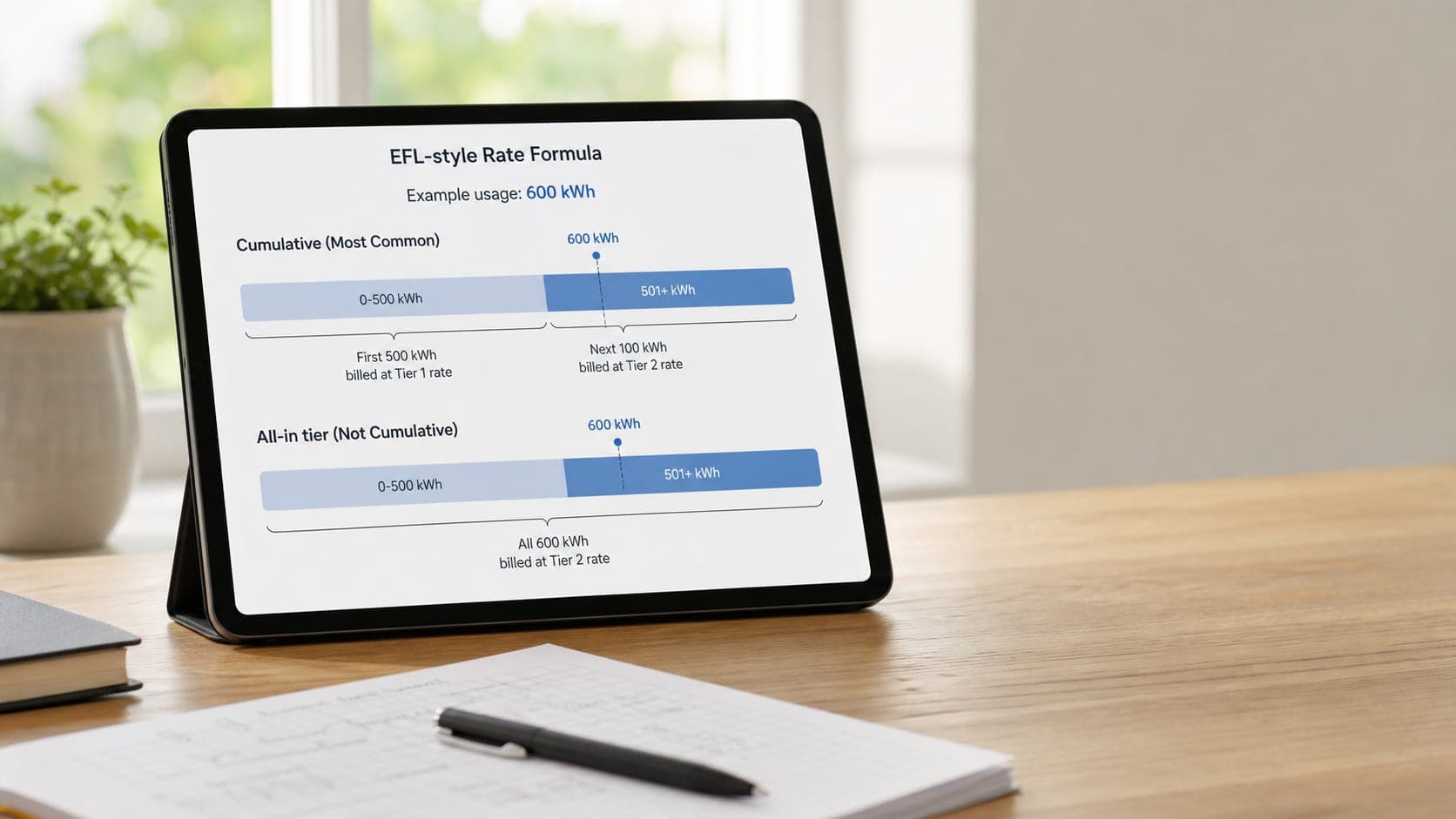 Usage threshold illustration showing how tiered pricing or bill credits can change an electricity bill.