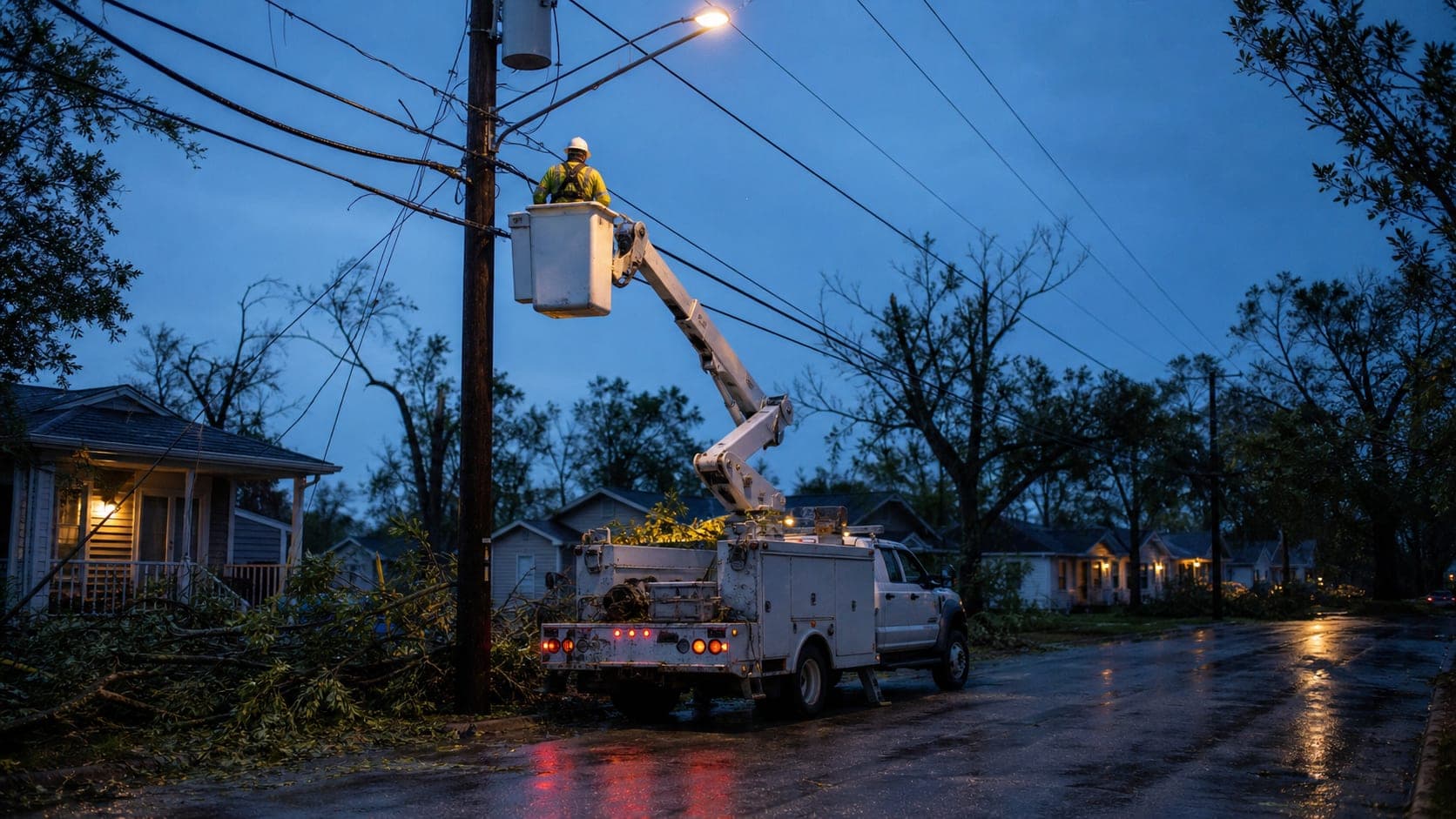 Utility crews responding after severe weather in a Texas neighborhood