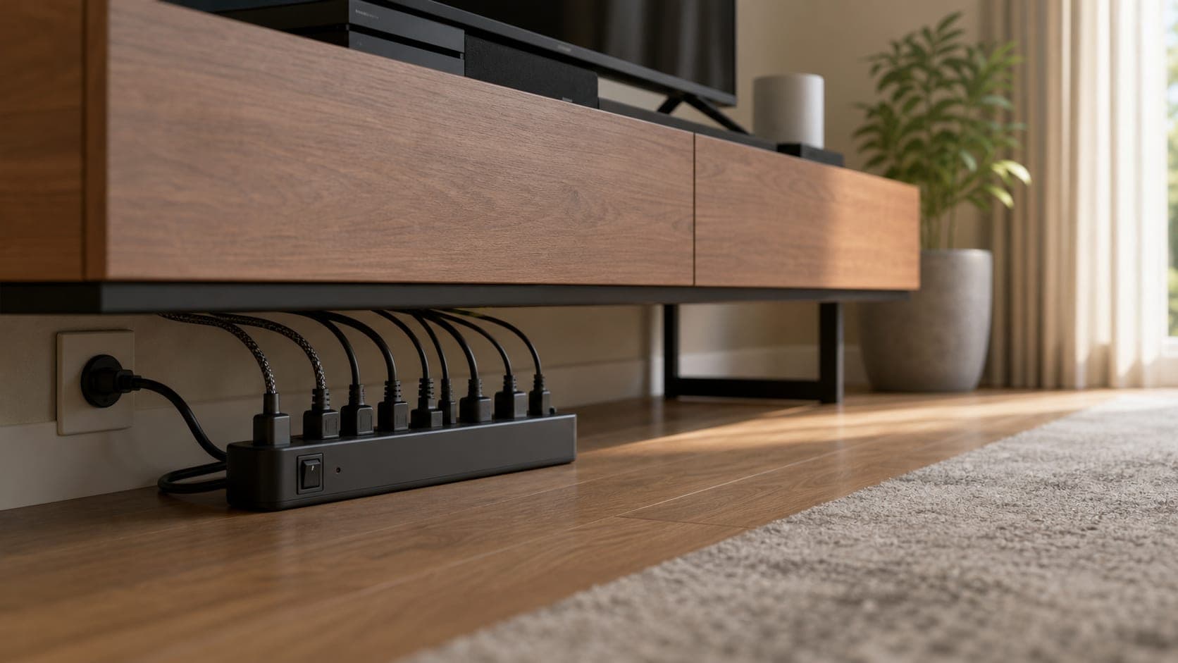 Unbranded power strip under a media console with several electronics plugged in