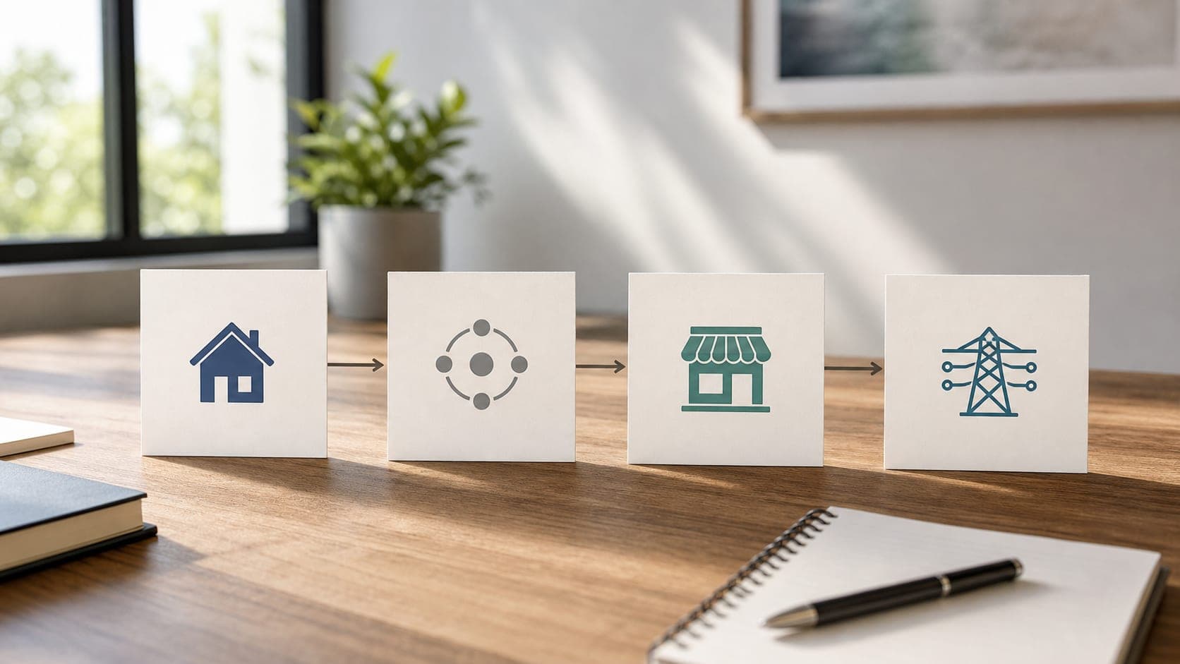 Role cards showing how a customer, broker, retail electric provider, and delivery utility differ.