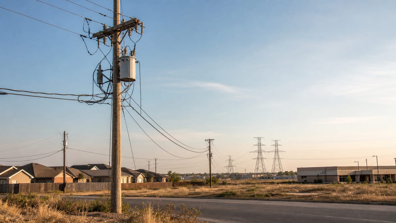 Texas neighborhood with power lines and homes at dusk.