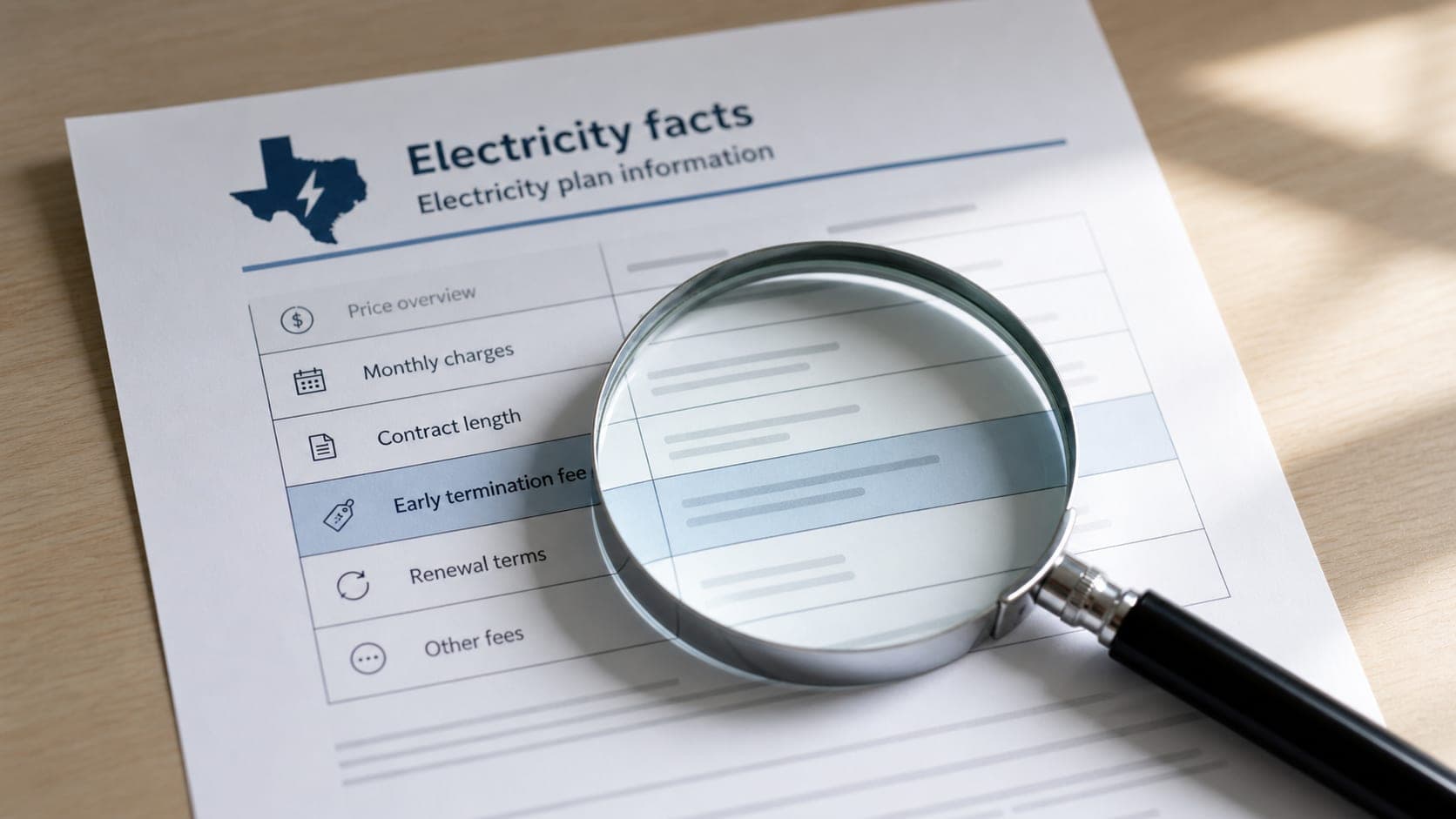 Close-up of an Electricity Facts Label highlighting the Early Termination Fee section.